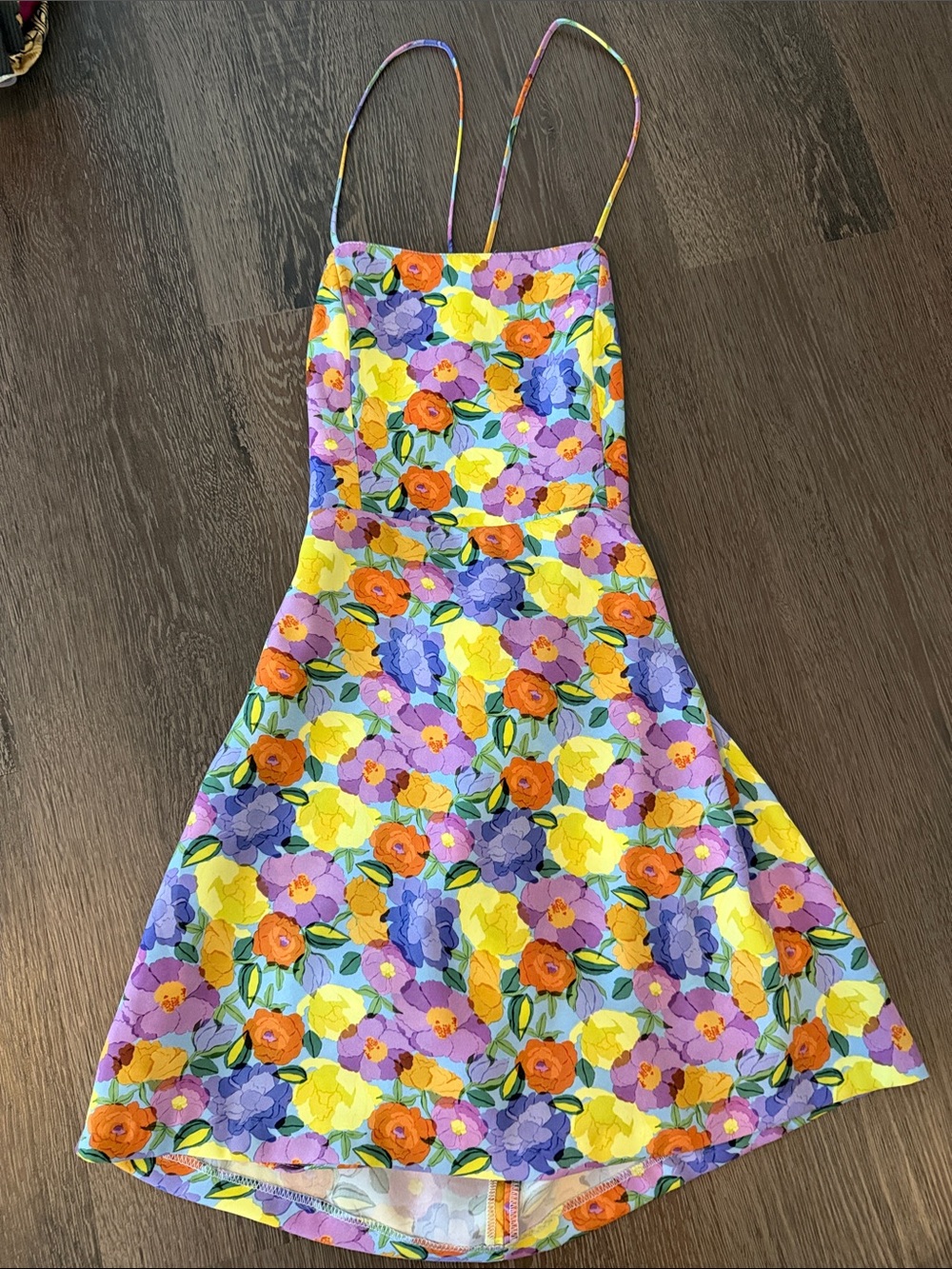 Zara Floral Spaghetti-Strap Dress in Yellow, Purple & Orange with Skort